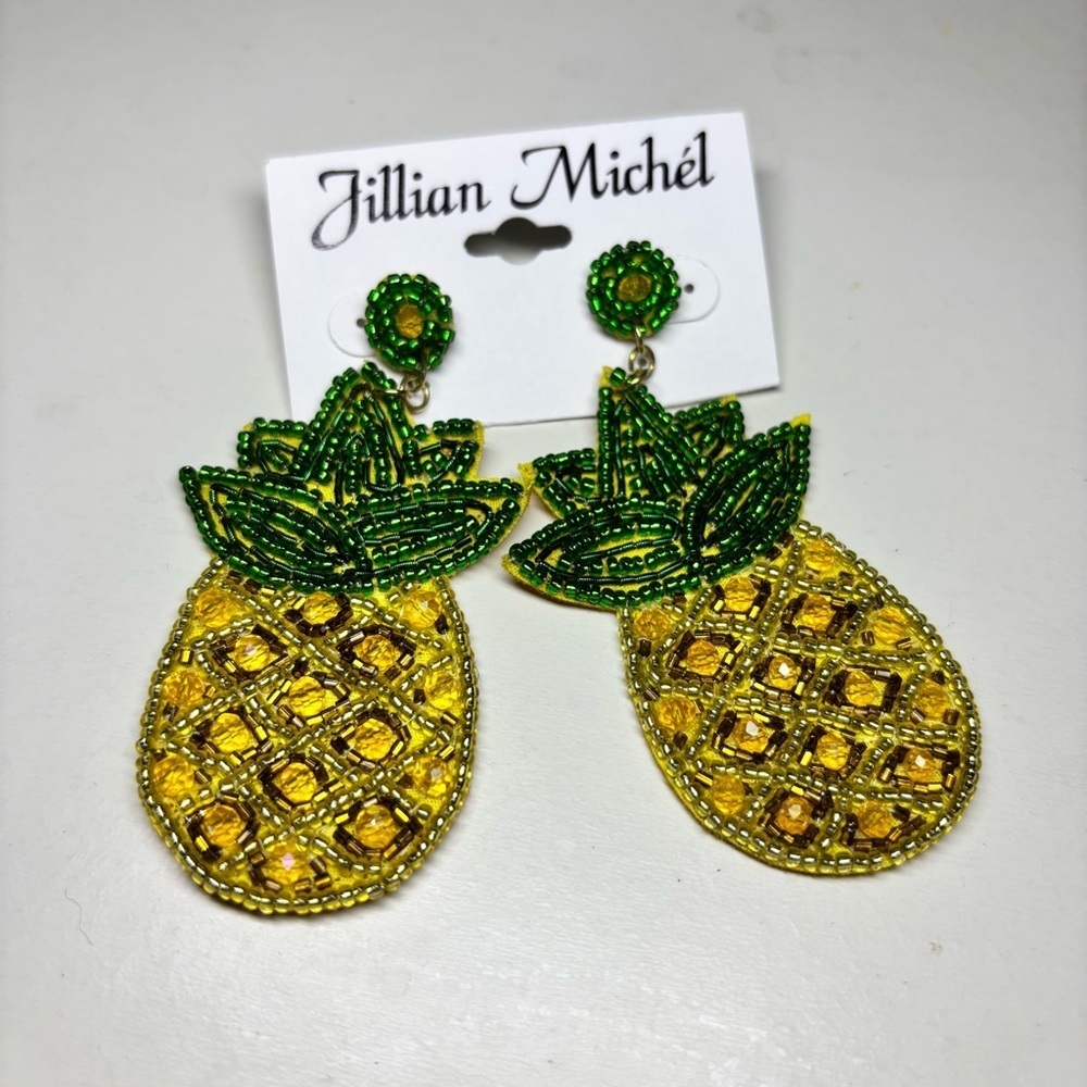 Jillian Michel Yellow and Green Beaded Pineapple Earrings NWT